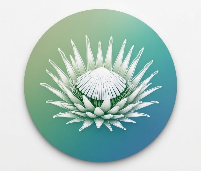 A logo for Protea Cleaning Solutions featuring a stylized protea flower in white, set against a gradient circle with shade...